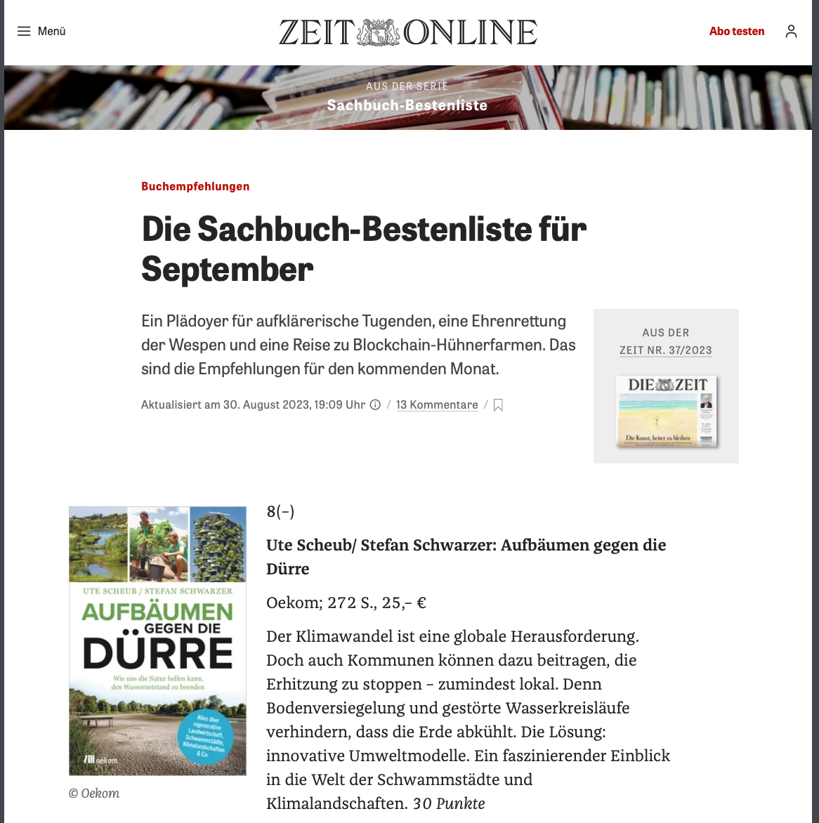 "Aufbäumen gegen die Dürre" auf der Sachbuch-Bestenliste von ZDF, Deutschlandfunk Kultur und DIE ZEIT